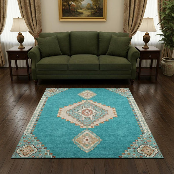 HomeRoots 5' X 8' Teal, Salmon & Beige Washable Area Rug - Stylish, Durable, UV-Protected for Every Home 679602
