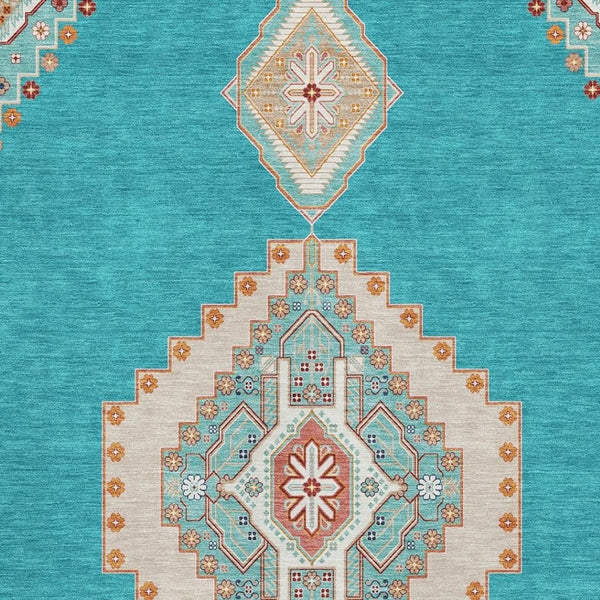 HomeRoots 5' X 8' Teal, Salmon & Beige Washable Area Rug - Stylish, Durable, UV-Protected for Every Home 679602
