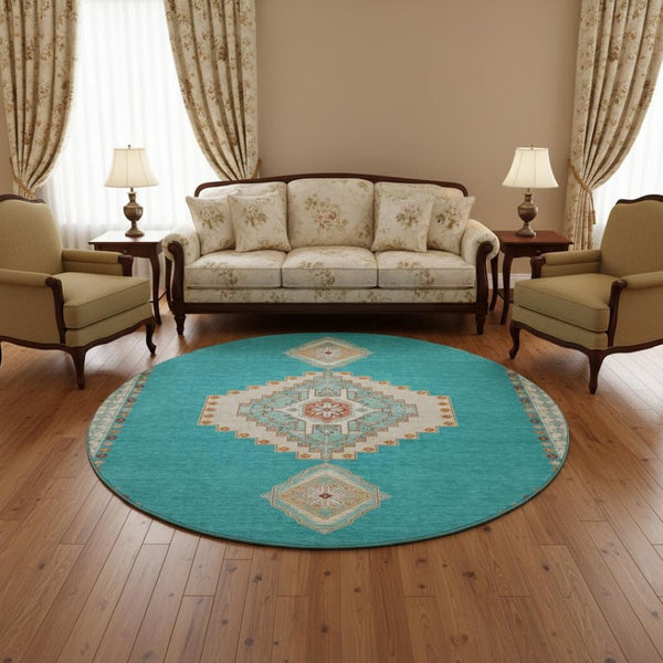 HomeRoots 8' Teal Salmon & Beige Oriental Washable Round Rug - Durable, UV-Protected, Perfect for Family Homes 679603