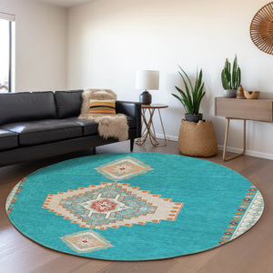 HomeRoots 8' Teal Salmon & Beige Oriental Washable Round Rug - Durable, UV-Protected, Perfect for Family Homes 679603