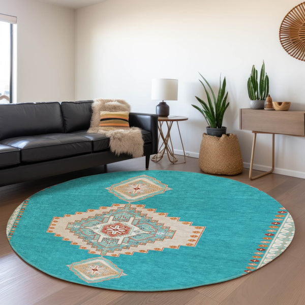 HomeRoots 8' Teal Salmon & Beige Oriental Washable Round Rug - Durable, UV-Protected, Perfect for Family Homes 679603