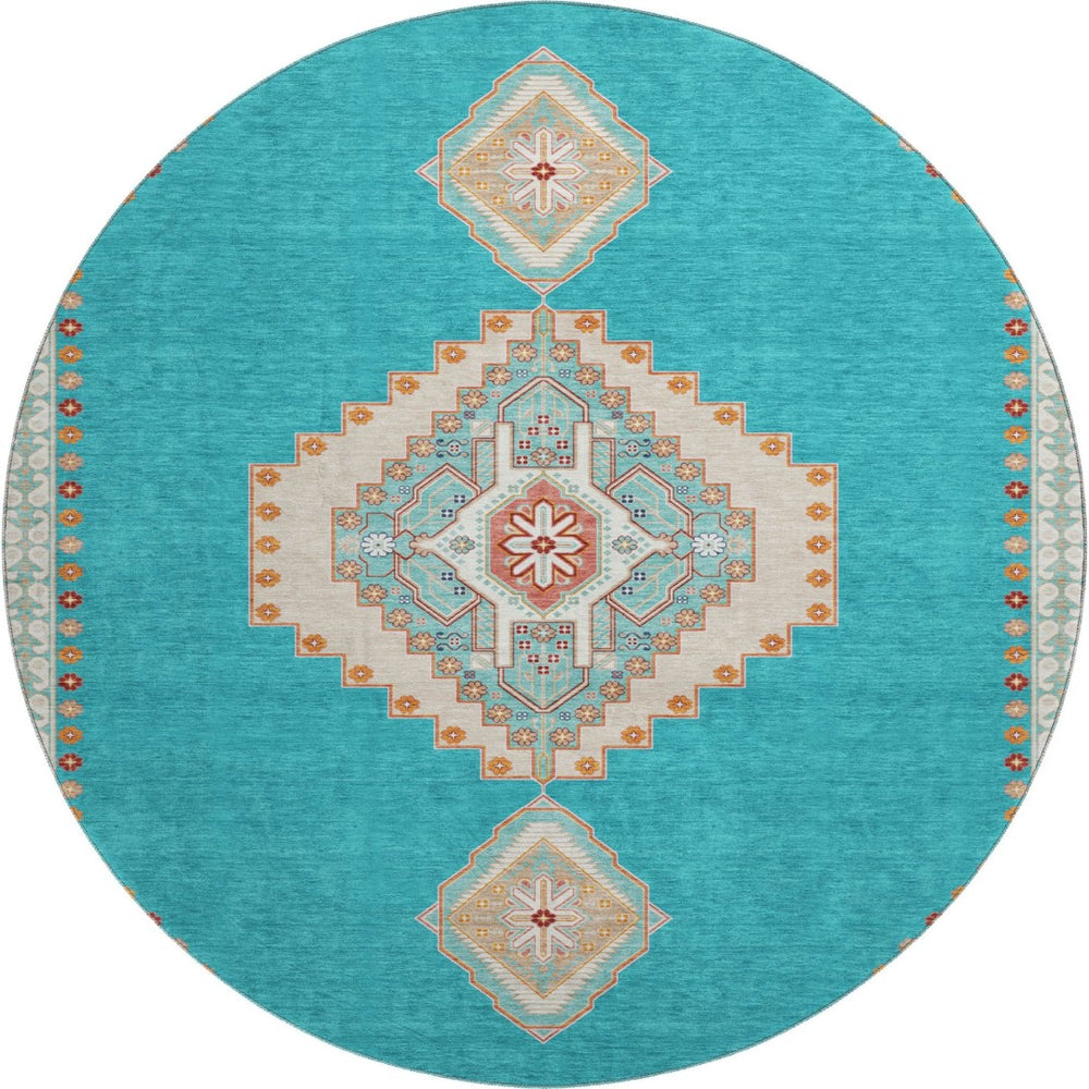 HomeRoots 8' Teal Salmon & Beige Oriental Washable Round Rug - Durable, UV-Protected, Perfect for Family Homes 679603
