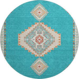 HomeRoots 8' Teal Salmon & Beige Oriental Washable Round Rug - Durable, UV-Protected, Perfect for Family Homes 679603