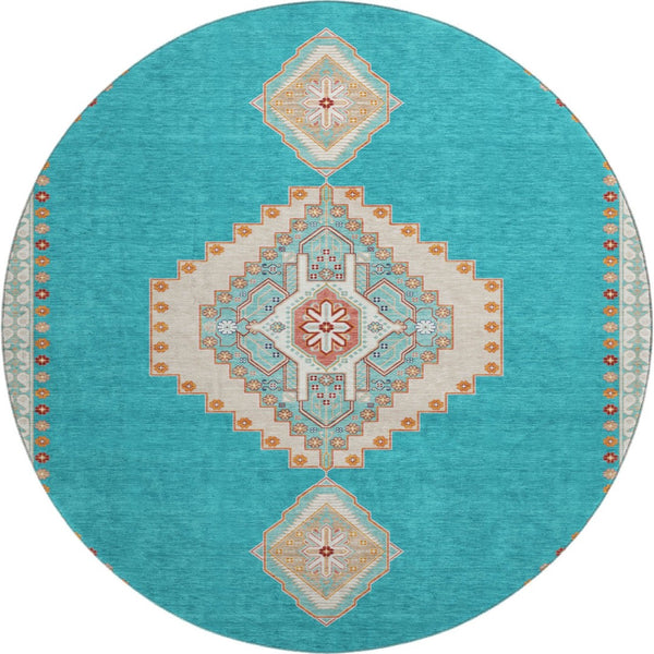 HomeRoots 8' Teal Salmon & Beige Oriental Washable Round Rug - Durable, UV-Protected, Perfect for Family Homes 679603