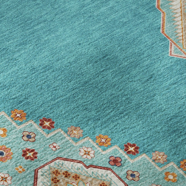 HomeRoots 8' Teal Salmon & Beige Oriental Washable Round Rug - Durable, UV-Protected, Perfect for Family Homes 679603