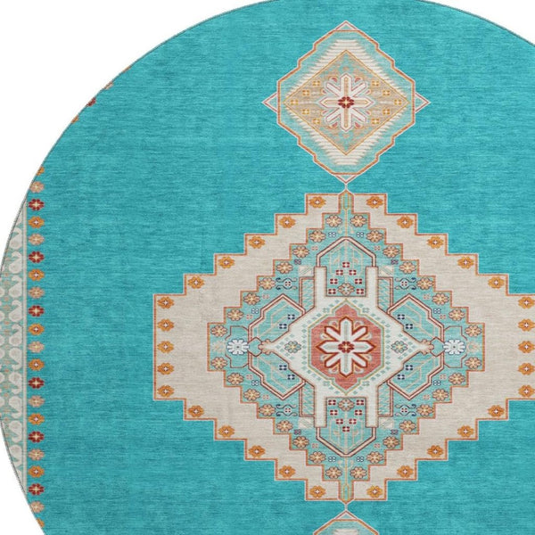 HomeRoots 8' Teal Salmon & Beige Oriental Washable Round Rug - Durable, UV-Protected, Perfect for Family Homes 679603