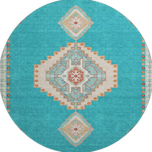 HomeRoots 8' Teal Salmon & Beige Oriental Washable Round Rug - Durable, UV-Protected, Perfect for Family Homes 679603