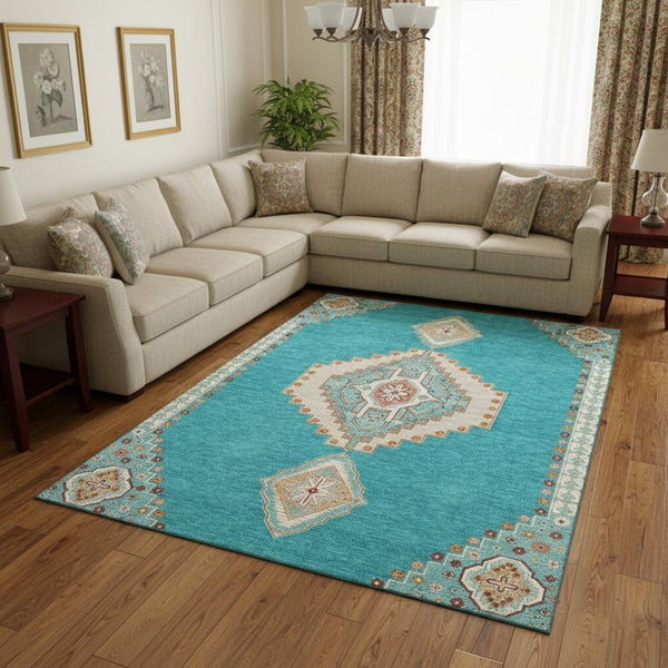 HomeRoots 8' X 10' Teal Salmon Beige Oriental Washable Area Rug - Durable, Stain Resistant, UV Protected Design 679604