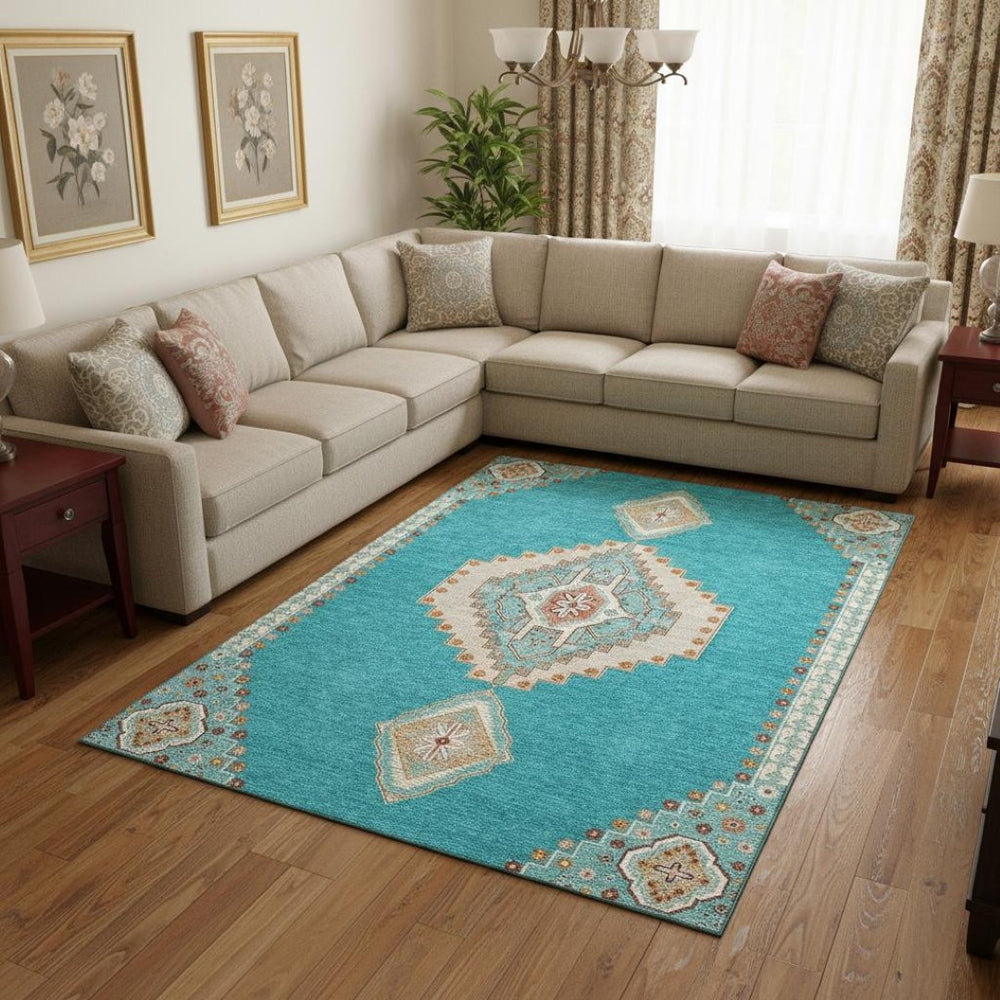 HomeRoots 9' X 12' Teal, Salmon & Beige Washable Oriental Area Rug with UV Protection & Stain Resistance 679605