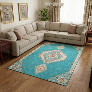HomeRoots 9' X 12' Teal, Salmon & Beige Washable Oriental Area Rug with UV Protection & Stain Resistance 679605