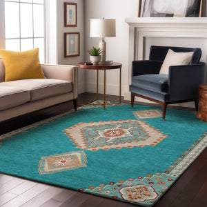 HomeRoots 9' X 12' Teal, Salmon & Beige Washable Oriental Area Rug with UV Protection & Stain Resistance 679605