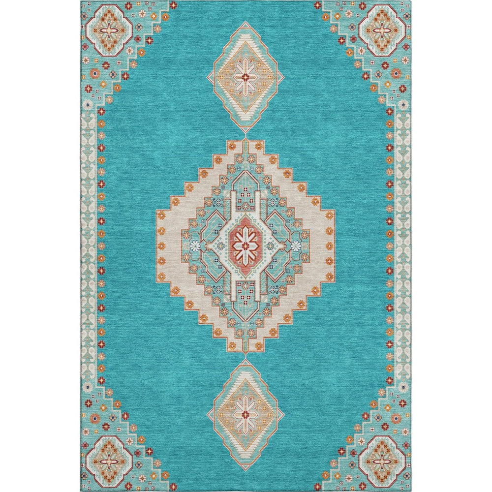 HomeRoots 9' X 12' Teal, Salmon & Beige Washable Oriental Area Rug with UV Protection & Stain Resistance 679605