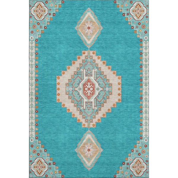 HomeRoots 9' X 12' Teal, Salmon & Beige Washable Oriental Area Rug with UV Protection & Stain Resistance 679605