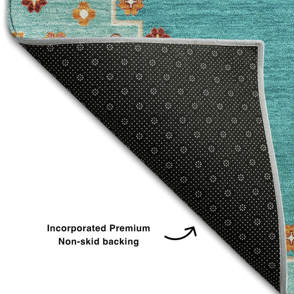 HomeRoots 9' X 12' Teal, Salmon & Beige Washable Oriental Area Rug with UV Protection & Stain Resistance 679605