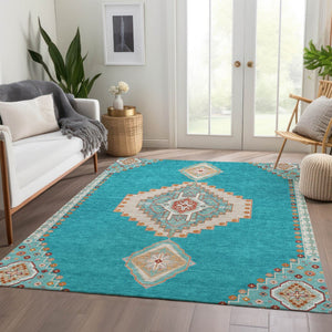 HomeRoots 9' X 12' Teal, Salmon & Beige Washable Oriental Area Rug with UV Protection & Stain Resistance 679605