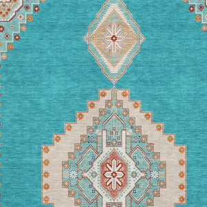 HomeRoots 9' X 12' Teal, Salmon & Beige Washable Oriental Area Rug with UV Protection & Stain Resistance 679605
