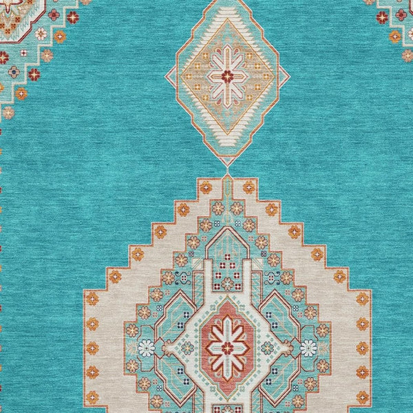 HomeRoots 9' X 12' Teal, Salmon & Beige Washable Oriental Area Rug with UV Protection & Stain Resistance 679605
