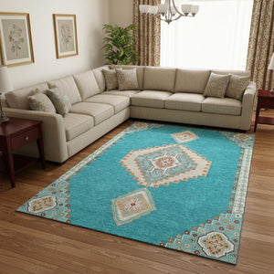 HomeRoots 10' X 14' Teal Salmon Beige Oriental Area Rug - Washable, UV-Protected, Stain-Resistant Beauty! 679606