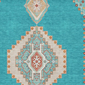 HomeRoots 10' X 14' Teal Salmon Beige Oriental Area Rug - Washable, UV-Protected, Stain-Resistant Beauty! 679606