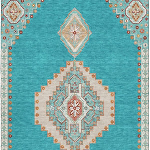 HomeRoots 10' X 14' Teal Salmon Beige Oriental Area Rug - Washable, UV-Protected, Stain-Resistant Beauty! 679606
