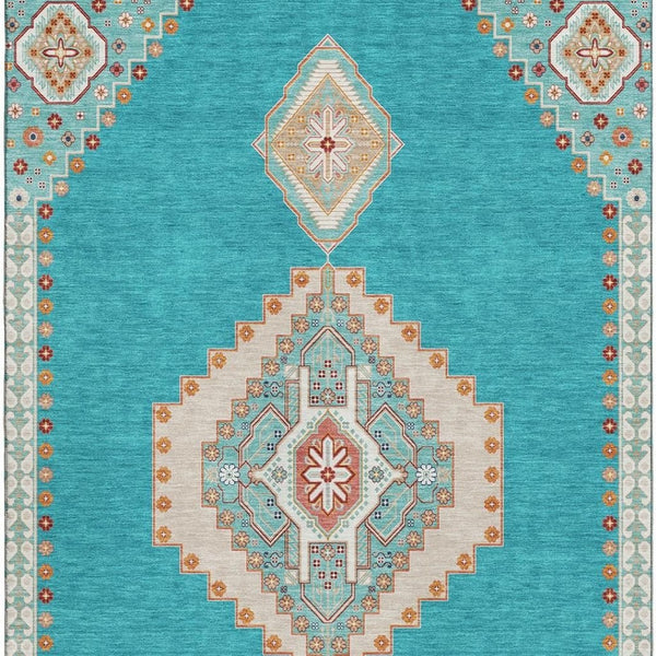 HomeRoots 10' X 14' Teal Salmon Beige Oriental Area Rug - Washable, UV-Protected, Stain-Resistant Beauty! 679606