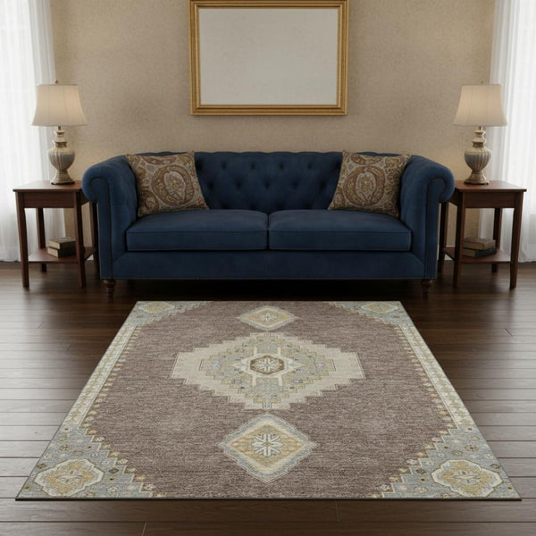 HomeRoots 5' X 8' Washable Taupe Beige & Ivory Oriental Area Rug with Stain Resistance & UV Protection 679608