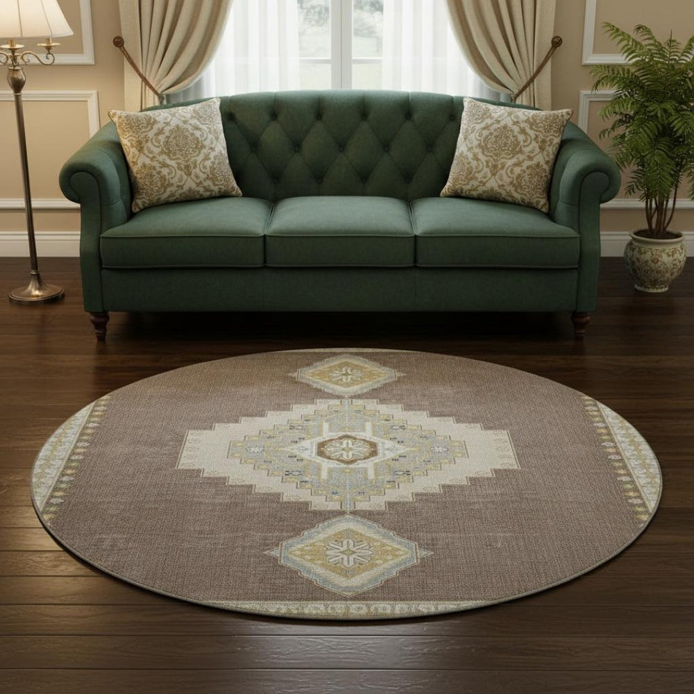 HomeRoots 8' Taupe Beige & Ivory Oriental Round Rug - Washable, UV Protected & Stain Resistant for Homes 679609