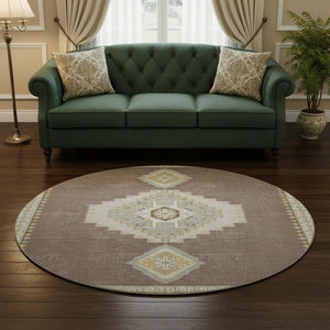 HomeRoots 8' Taupe Beige & Ivory Oriental Round Rug - Washable, UV Protected & Stain Resistant for Homes 679609