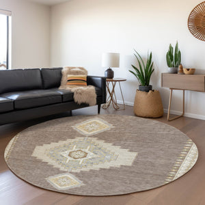 HomeRoots 8' Taupe Beige & Ivory Oriental Round Rug - Washable, UV Protected & Stain Resistant for Homes 679609