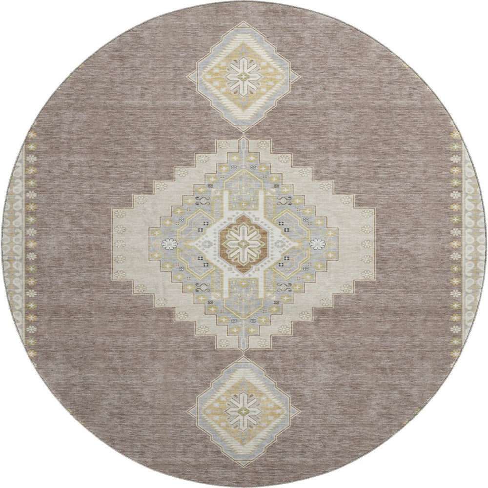 HomeRoots 8' Taupe Beige & Ivory Oriental Round Rug - Washable, UV Protected & Stain Resistant for Homes 679609