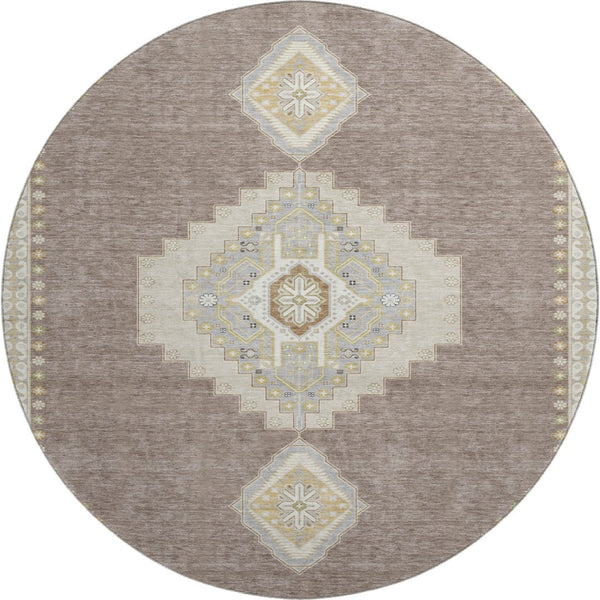 HomeRoots 8' Taupe Beige & Ivory Oriental Round Rug - Washable, UV Protected & Stain Resistant for Homes 679609