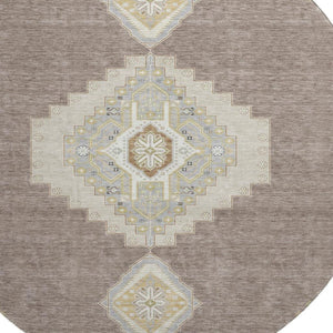 HomeRoots 8' Taupe Beige & Ivory Oriental Round Rug - Washable, UV Protected & Stain Resistant for Homes 679609