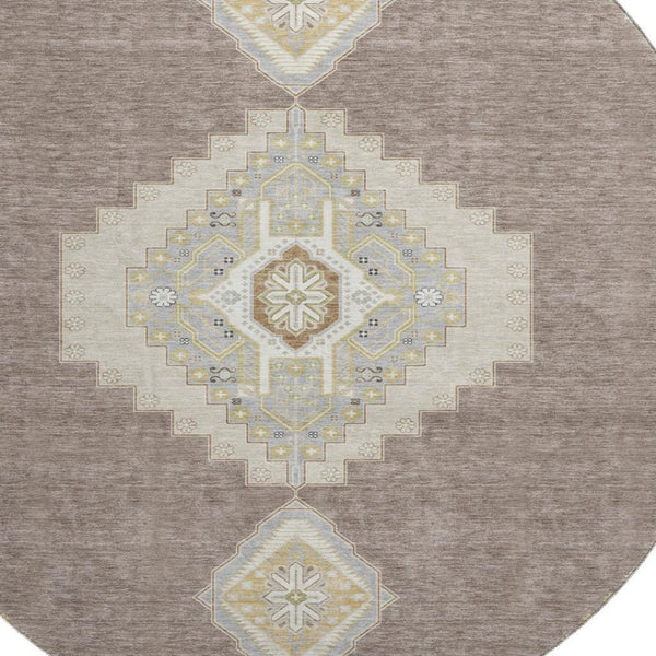HomeRoots 8' Taupe Beige & Ivory Oriental Round Rug - Washable, UV Protected & Stain Resistant for Homes 679609