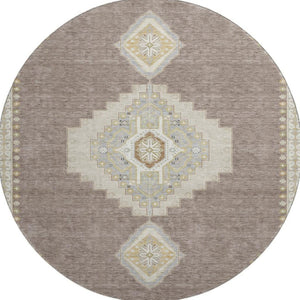 HomeRoots 8' Taupe Beige & Ivory Oriental Round Rug - Washable, UV Protected & Stain Resistant for Homes 679609