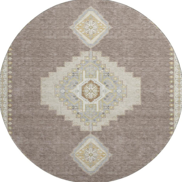 HomeRoots 8' Taupe Beige & Ivory Oriental Round Rug - Washable, UV Protected & Stain Resistant for Homes 679609
