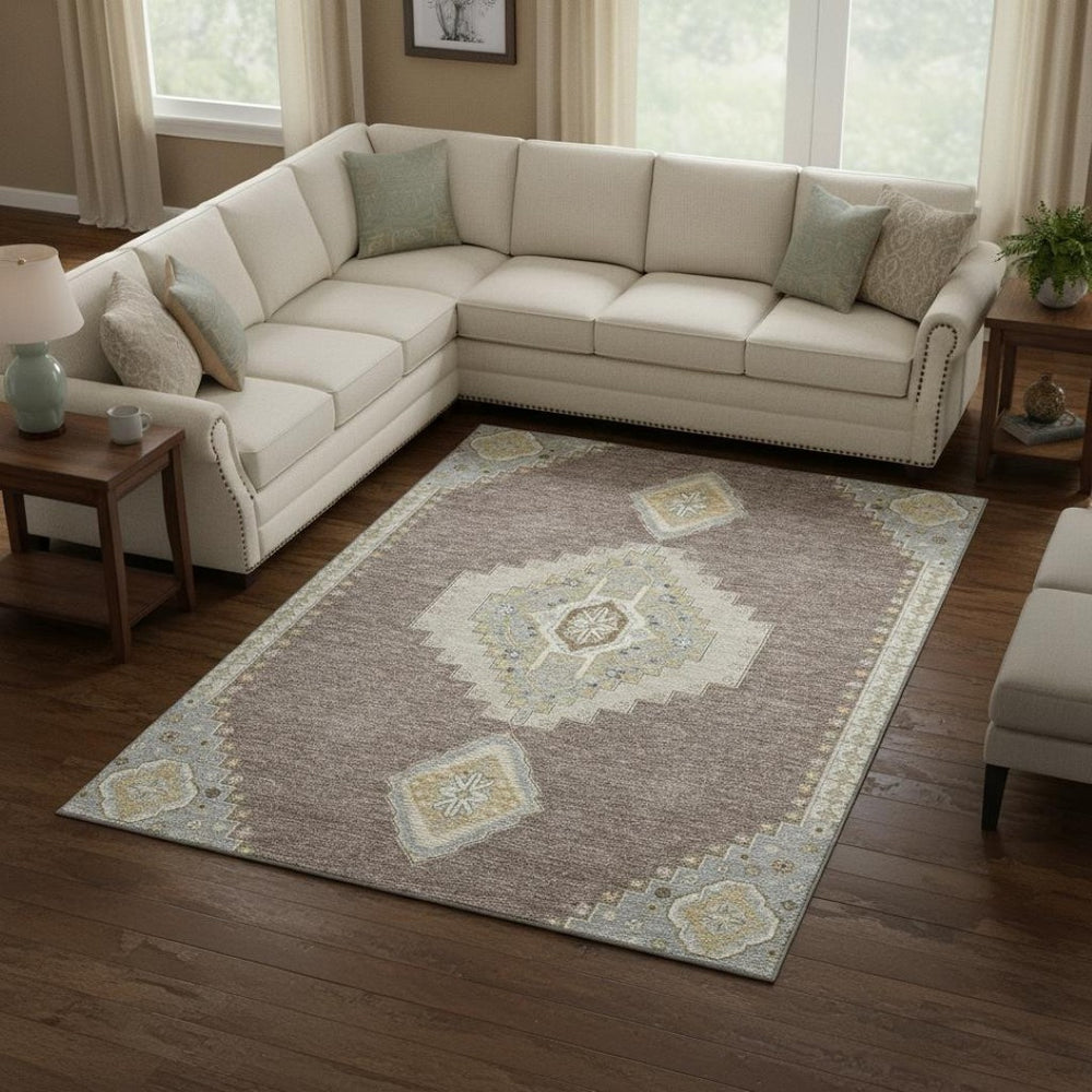 HomeRoots 8' X 10' Taupe Beige & Ivory Oriental Area Rug - Washable, UV Protected, Perfect for High-Traffic Homes 679610