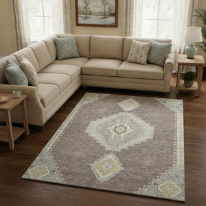 HomeRoots 10' Taupe Beige and Ivory Washable Area Rug - Elegant Oriental Design with UV Protection & Stain Resistance 679612