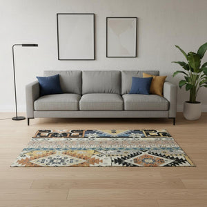 HomeRoots 5' X 8' Southwestern Area Rug in Black, Copper & Gold - Washable, UV Protected, Stain Resistant! 679614