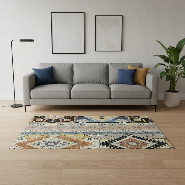 HomeRoots 5' X 8' Southwestern Area Rug in Black, Copper & Gold - Washable, UV Protected, Stain Resistant! 679614