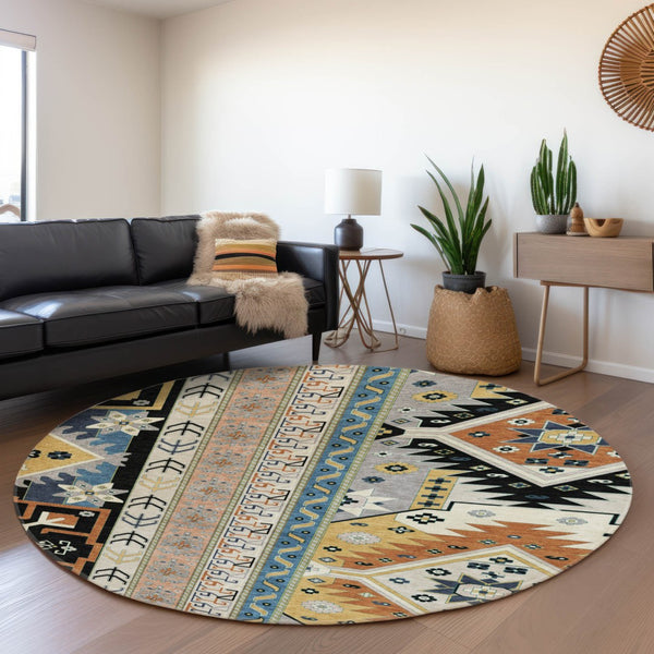 HomeRoots 8' Black Copper & Gold Southwestern Round Rug – Washable, UV-Protected, Perfect for Any Space! 679615