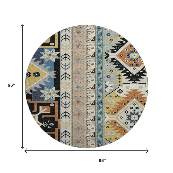 HomeRoots 8' Black Copper & Gold Southwestern Round Rug – Washable, UV-Protected, Perfect for Any Space! 679615