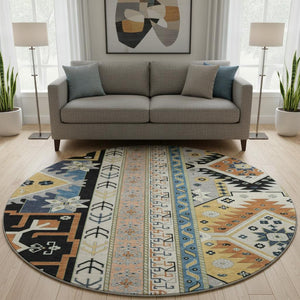 HomeRoots 8' Black Copper & Gold Southwestern Round Rug – Washable, UV-Protected, Perfect for Any Space! 679615