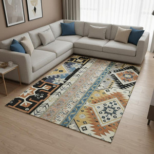 HomeRoots 8' X 10' Southwestern Washable Area Rug in Black, Copper & Gold - Durable, UV-Protected Style for Homes 679616