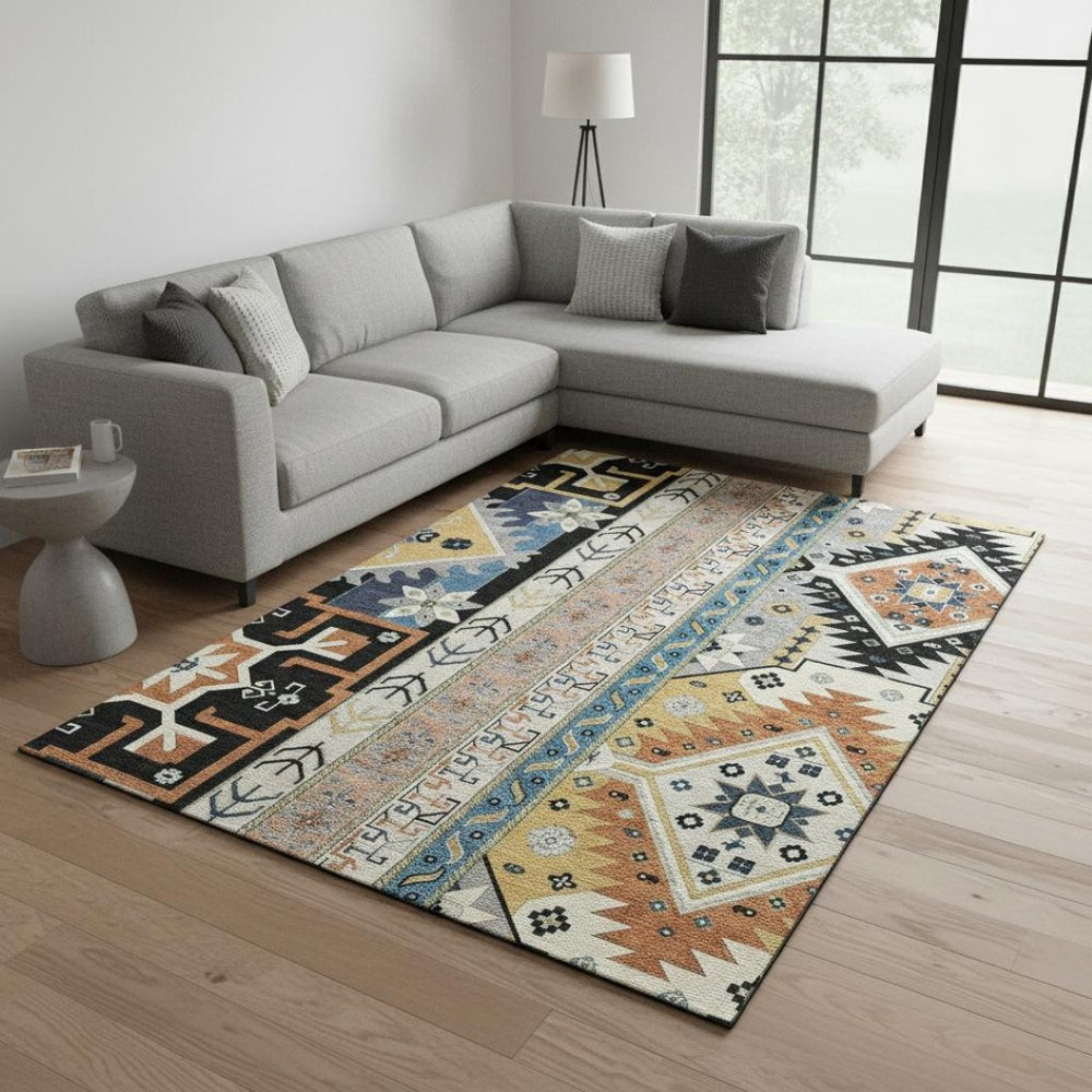 HomeRoots 9' X 12' Southwestern Area Rug in Black, Copper, and Gold - Washable, UV-Protected, Stain-Resistant! 679617