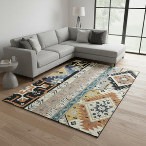 HomeRoots 9' X 12' Southwestern Area Rug in Black, Copper, and Gold - Washable, UV-Protected, Stain-Resistant! 679617