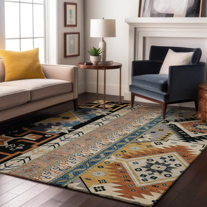HomeRoots 9' X 12' Southwestern Area Rug in Black, Copper, and Gold - Washable, UV-Protected, Stain-Resistant! 679617