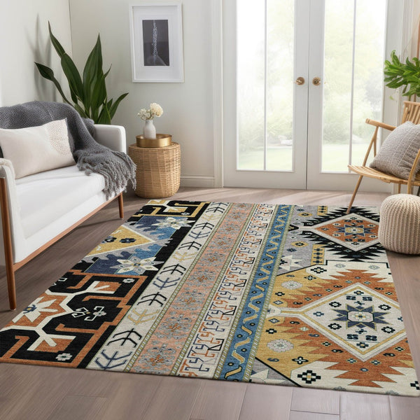 HomeRoots 9' X 12' Southwestern Area Rug in Black, Copper, and Gold - Washable, UV-Protected, Stain-Resistant! 679617
