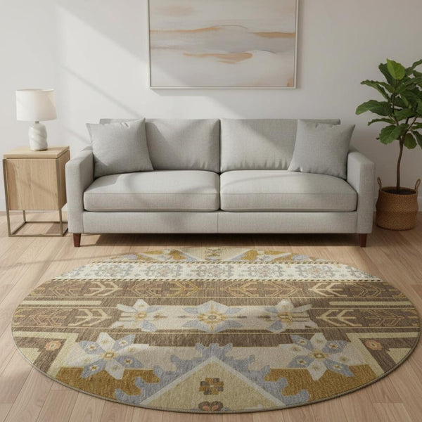 HomeRoots 8' Southwestern Washable Round Rug in Brown, Gray & Gold - UV Protection, Stain Resistant, Durable Design 679621