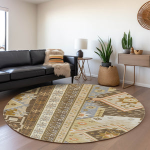HomeRoots 8' Southwestern Washable Round Rug in Brown, Gray & Gold - UV Protection, Stain Resistant, Durable Design 679621