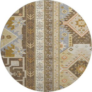HomeRoots 8' Southwestern Washable Round Rug in Brown, Gray & Gold - UV Protection, Stain Resistant, Durable Design 679621
